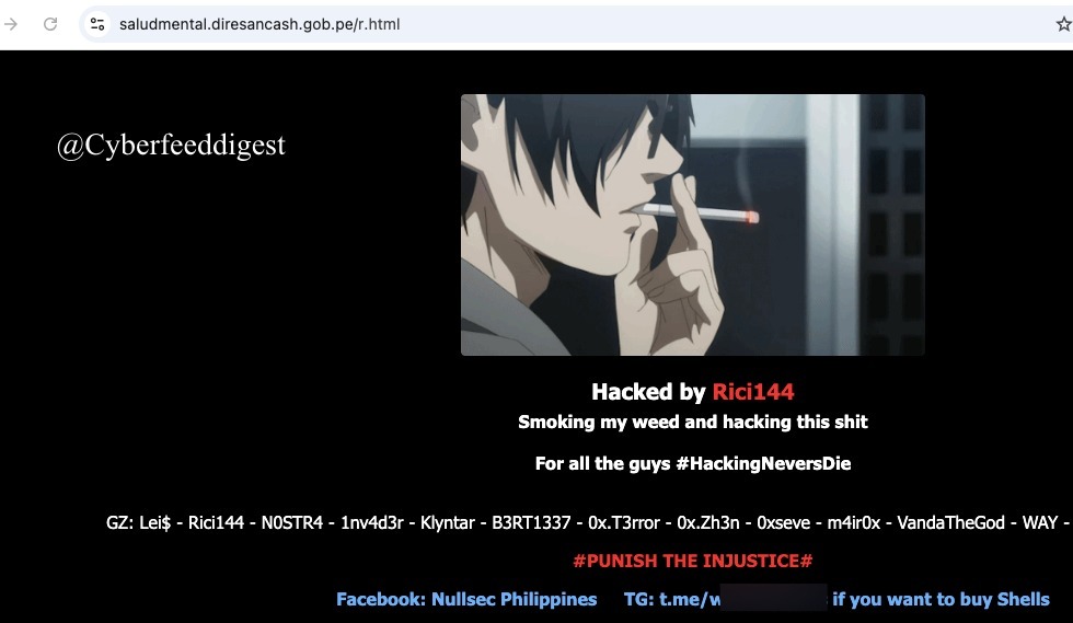 cyberfeeddigest's tweet image. A governmental website of #Peru #Hacked by Rici144

hxxps://saludmental.diresancash.gob.pe/r.html

#Defacement #hack #Peru