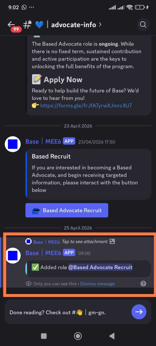 🟦Here is an Alpha on how to get
max. allocation on Base, Most times it is not about farming but paying attention to details.

📘Based Advocate should get a special percentage % of Base token on TGE!

🔷How to get the Based Advocate Role?

Steps below 🪜.
-Go to base Discord