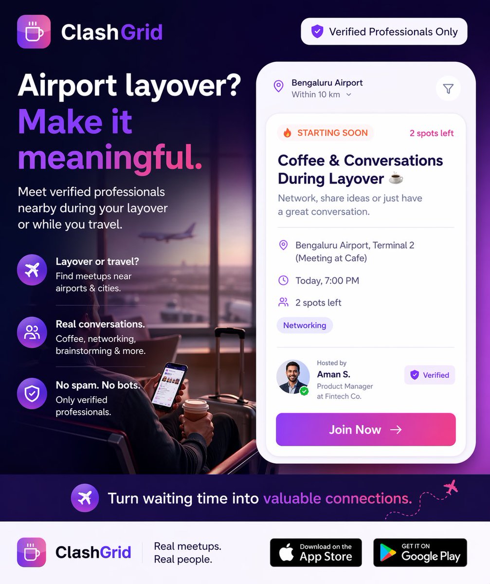 heyabhaygupta's tweet image. Airport layovers are the most boring part of travel… but not anymore.

No spam. Just meaningful connections — even at 30,000 feet (well… almost).

✈️ Next time you have a layover, don’t waste it. Use it.

#ClashGrid #Networking #Startups #Travel #AirportLife #Founders #Builders