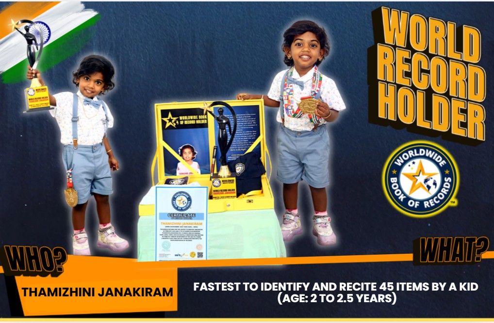 WWRecordBook's tweet image. Incredible! 2-year-old Thamizhini Janakiram set a Worldwide Book of Records by identifying and reciting 45 items in 1:38 in Chennai. A jaw-dropping display of early learning.  #WorldRecord #ChildProdigy #EarlyLearning #ThamizhiniJanakiram