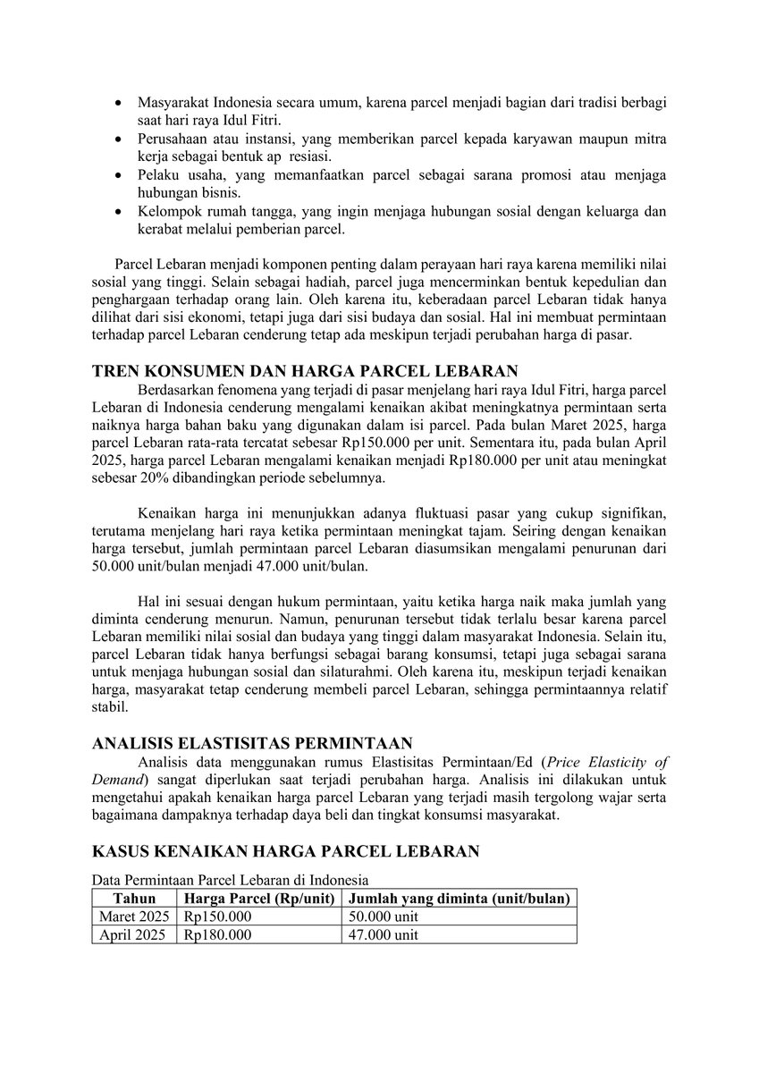 azizahwaf_'s tweet photo. Harga parcel Lebaran naik 20%, tapi permintaan cuma turun 6% 📉

Elastisitas 0,3 (inelastis), jadi meski harga naik, orang tetap beli karena tradisi.

Ekonomi bukan cuma angka, tapi juga kebiasaan. 💡

#EkonomiMikro #Elastisitas #Mahasiswa #ParcelLebaran #BelajarMikro #TugasMikro https://t.co/iYugw9y3PU