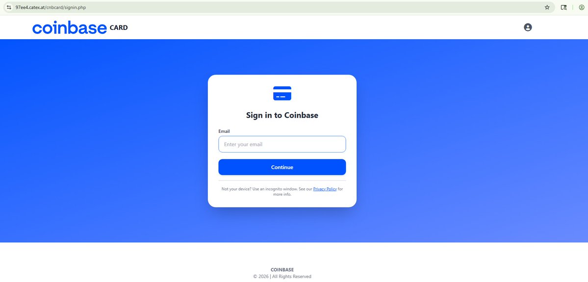 Malwarehunterr's tweet image. Fake #Coinbase withdrawal lure delivering credential phishing

graph[.]org/Withdrawal-process-04-14

redirects to 

97ee4[.]catex[.]at/cnbcard/

Fake Coinbase balance + login page to steal credentials.

#Phishing  #CyberSecurity @500mk500 @coinbase