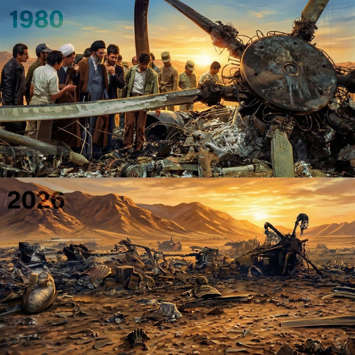 IranEmbassyLB's tweet photo. في مثل هذا اليوم قبل ستة وأربعين عاماً، وضعت عملية "مخلب العقاب" أوزارها في صحراء #طبس فشلٍ الجيش الأمريكي. واليوم، يطلّ التاريخ برأسه؛ حيث تعيد هذه الإدارة الأمريكية استنساخ الفشل نفسه رعونة. فمتى يتّعظ هؤلاء المقامرون؟ أم أن وهم القوة يحول بينهم وبين قراءة الوقائع والتحولات؟ https://t.co/ToYu7eLvGj