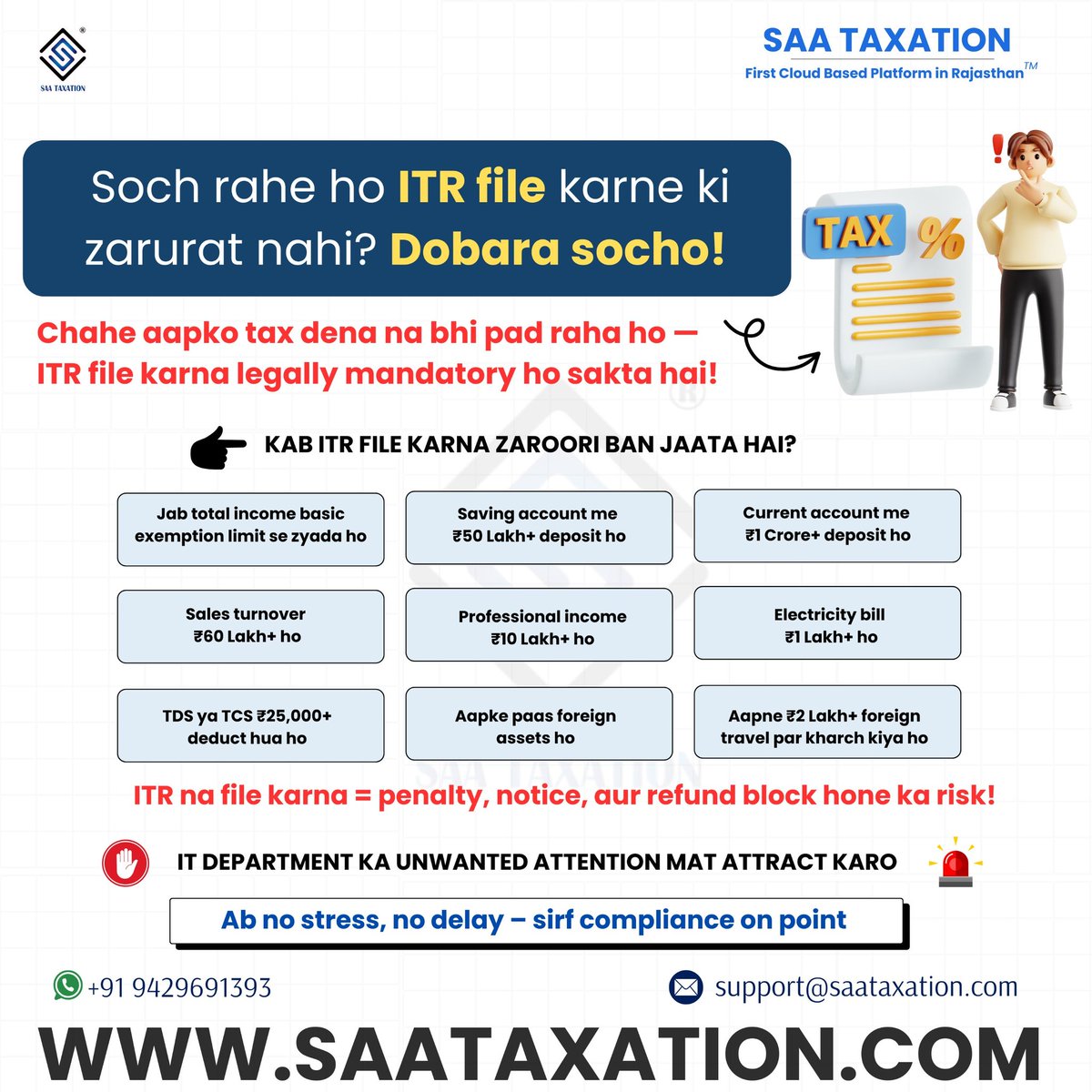 Saataxationpali's tweet photo. "Tax Zero hai, toh ITR kyun bharun?" — Dobara Socho! 🛑
Even with zero tax, ITR is MANDATORY if:
⚡ Electricity >₹1L
✈️ Foreign Travel >₹2L
💰 High Bank Deposits
📑 TDS >₹25k
Avoid notices &amp; stay compliant with SAA Taxation! ☁️🇮🇳
#ITR #incometax #SAATaxation #Incometaxact https://t.co/JU56bOpxO4