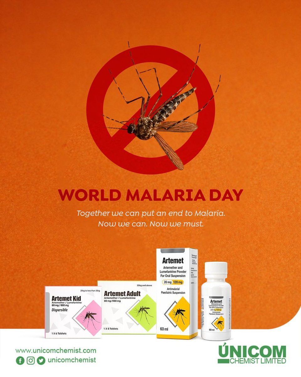 unicomchemist's tweet photo. Malaria is preventable and treatable when you act early. 

This World Malaria Day, trust effective treatment with Artemet, available for both adults and children at any Unicom Chemist near you. Remember to test before you treat.

#EndMalaria #WorldMalariaDay https://t.co/lQurfolM2A