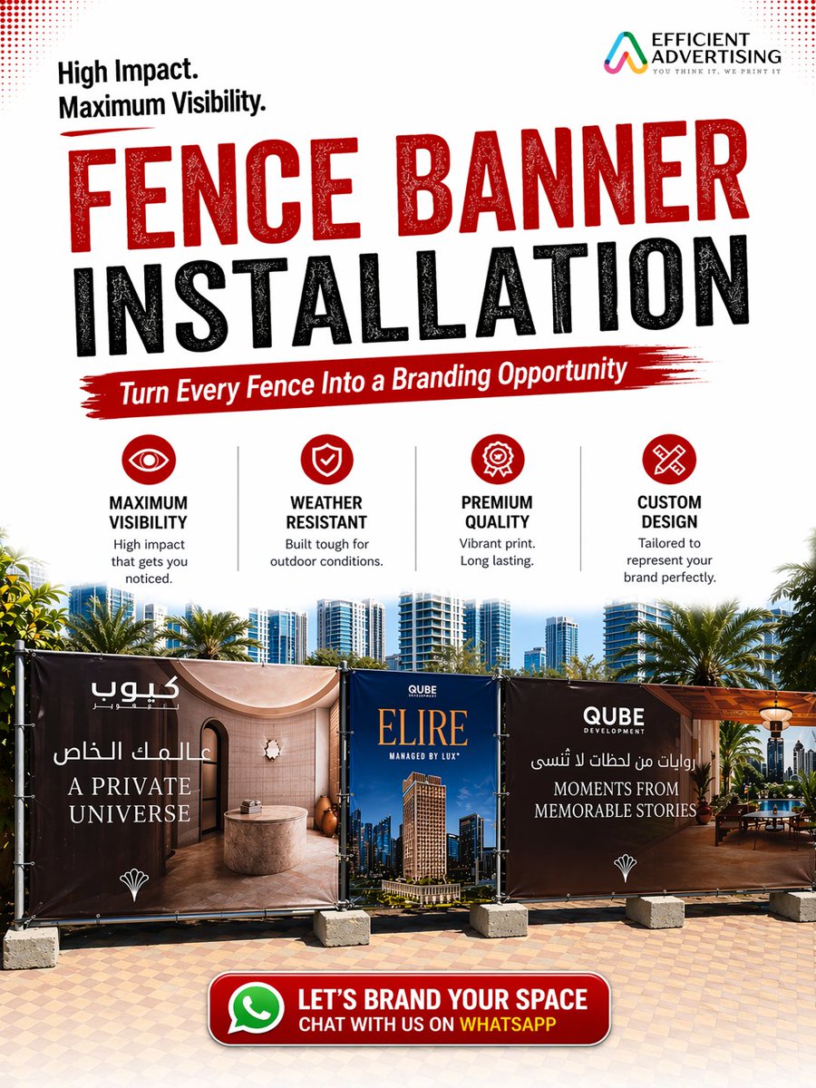 EfficientUAE's tweet image. Your fence can advertise too.

Weatherproof custom fence banners create nonstop brand visibility outdoors.
Call +971 54 588 9737 today.

#FenceBanner #OutdoorAdvertising #SiteBranding #BusinessPromotion #EfficientAdvertising