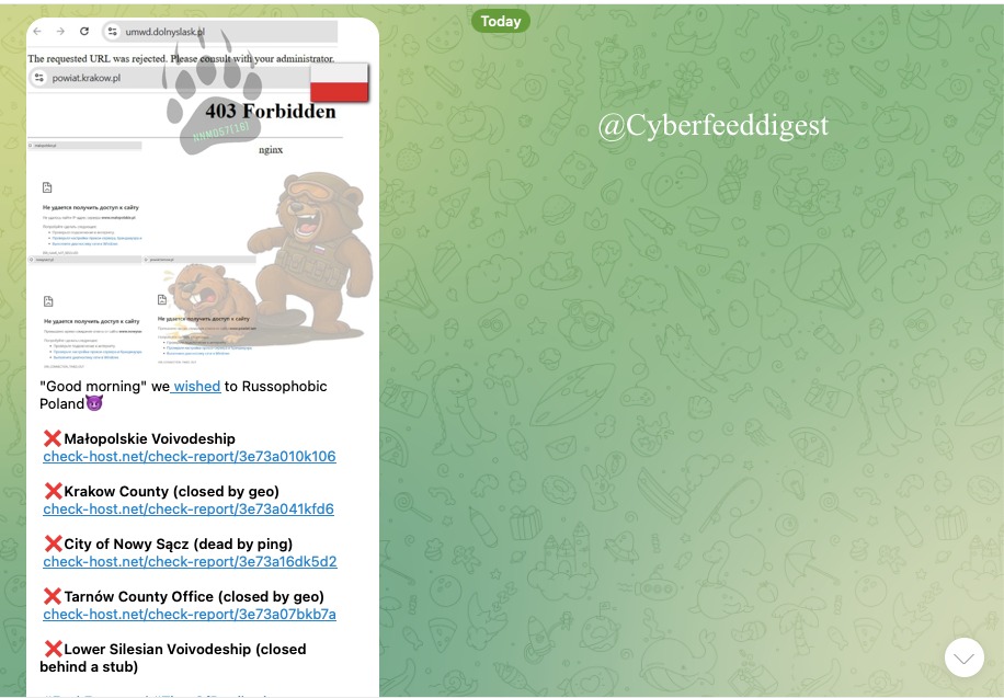 cyberfeeddigest's tweet image. The pro-Russian group #NoName057 targeted multiple entities from #Poland with #DDOS attack:

❌Małopolskie Voivodeship
❌Krakow County (closed by geo)
❌City of Nowy Sącz (dead by ping)
❌Tarnów County Office (closed by geo)
❌Lower Silesian Voivodeship (closed behind a stub)