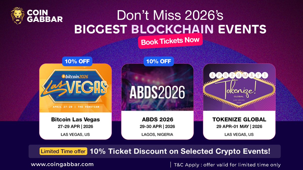 coin_gabbar_'s tweet photo. Top Crypto Events of 2026 Are Here
Get 10% OFF on selected event tickets 🎟
Find more Web3 event discounts here: https://t.co/S5lHgm2qhH
⏳ Limited Time - Don’t Miss Out
#CoinGabbar #Web3Event #Event2026 #TicketDiscount #TOKENIZEGLOBAL2026 #CryptoEvents #ABDS2026 #Blockchain #Conference #BITCOIN2026LASVEGAS #Web3