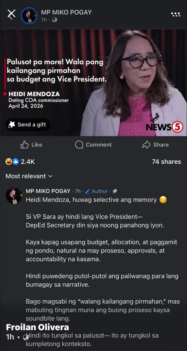 Pasensya na po, may natagpuang malakas ang loob, pero budol. Kahit po dating DepEd Secretary at Vice President, wala siyang pipirmahan sa national budget.

Ang binabanggit ninyo po ay budget execution phase na. At sa phase na ’yan, budget officer na niya ang poporma.

Siya po ang