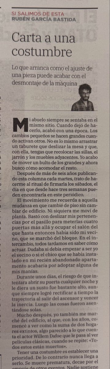 Me he mudado. Los artículos de #SiSalimosDeEsta ahora se publican los sábados. Es un cambio pequeño pero grande. Como aquella vez en que cambié de piso sin cambiar de edificio

La columna (ahora) del sábado ✍🏽
#SiSalimosDeEsta ⬇️

laverdad.es/opinion/ruben-…