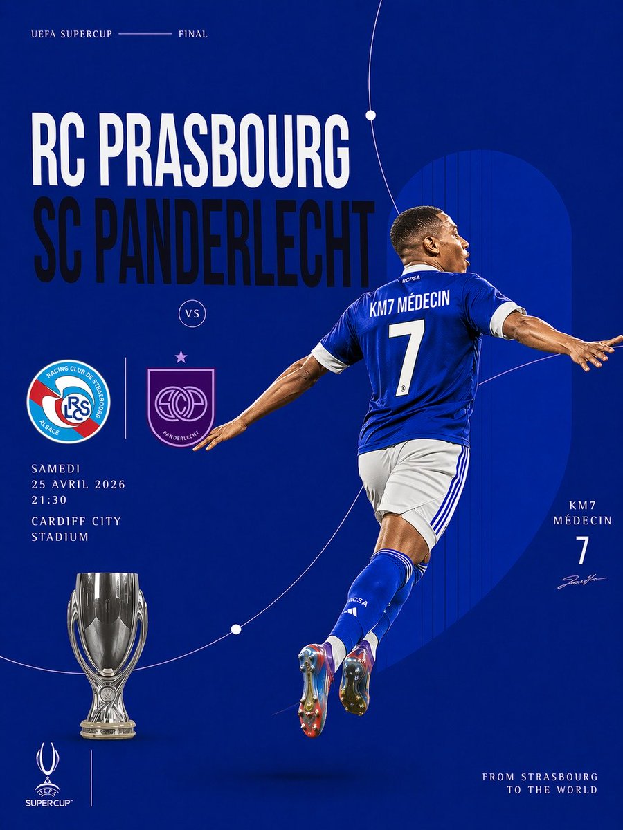 RCPrasbourgRP's tweet photo. MATCHDAY ⚔️🔥

Nos Prasbourgeois vont affronter le @scpanderlecht en finale de supercoupe d’europe !

Une nouvelle coupe a ramener a la maison 🏠🏆

Allez Prasbourg 💙🤍 https://t.co/6HUMO1rhiG
