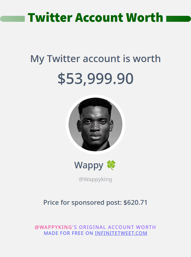 Wappyking_'s tweet photo. My Twitter worth is: $53,999.90

➡️ https://t.co/zjPbhIMcXh https://t.co/Lgqy13xN0c