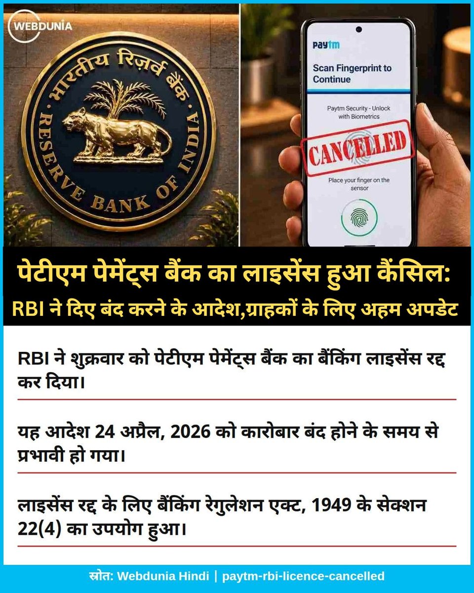 WebduniaHindi's tweet photo. Paytm Payments Bank Licence: भारतीय रिजर्व बैंक ने शुक्रवार को पेटीएम पेमेंट्स बैंक लिमिटेड के खिलाफ सख्‍त कदम उठाते हुए उसका बैंकिंग लाइसेंस रद्द कर दिया है।RBI के इस कदम के बाद बैंक के तौर पर उसका कामकाज बंद हो गया।👇

https://t.co/wMWmy5M9VK

#RBI  #Paytm #BankingLicense https://t.co/P3nJoK7yEv