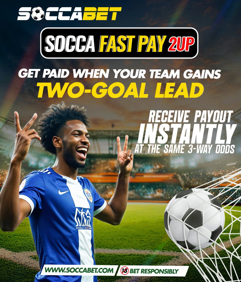 soccabet's tweet photo. Score early, cash out faster!
With SOCCA FAST PAY 2UP, you get paid instantly once your team goes two goals up. No need to wait for full time!
#FastPay2Up #InstantWin #BetResponsibly https://t.co/zpDgBx7i6C