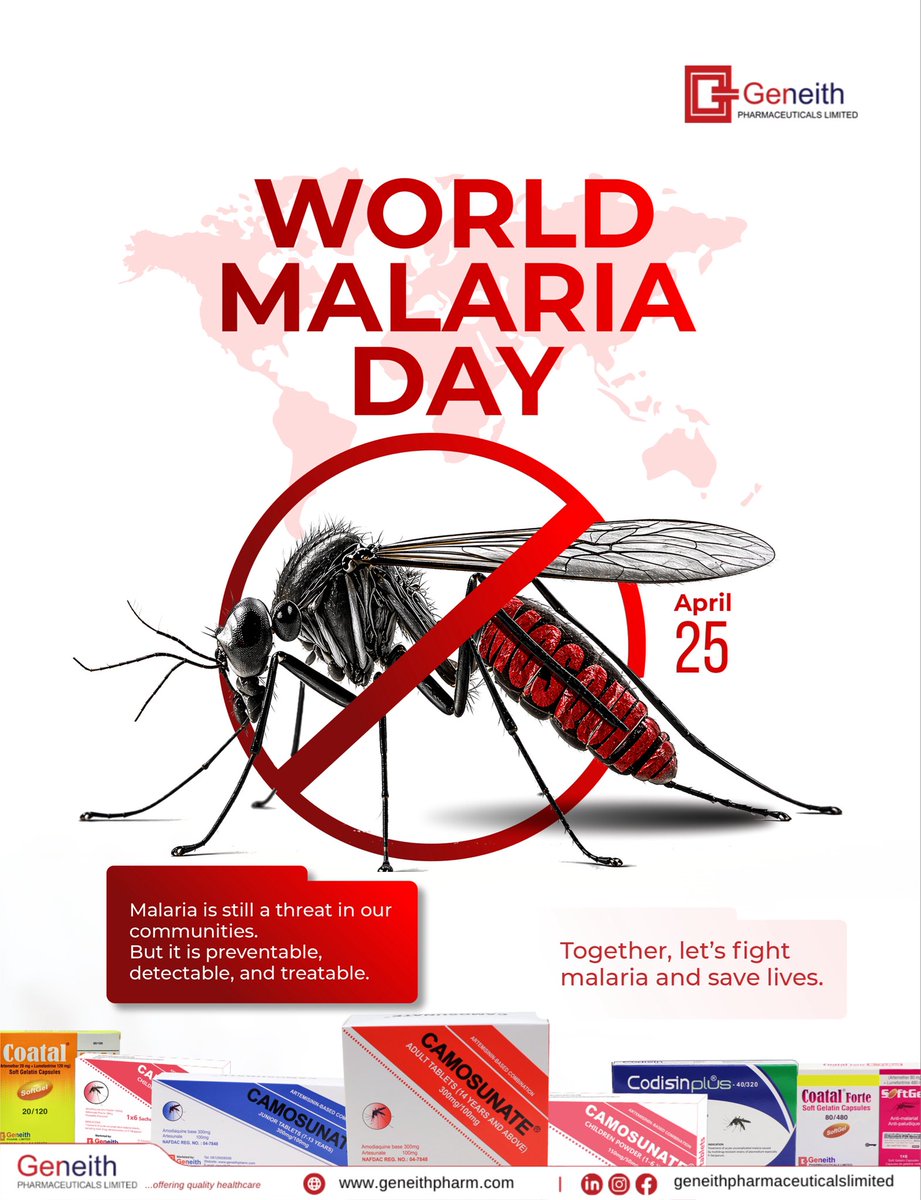 geneithpharmltd's tweet photo. This World Malaria Day, Geneith Pharmaceuticals reaffirms its commitment to the fight against malaria through quality antimalarial solutions and continuous health awareness.
Protect yourself and your loved ones.
Together, let’s fight malaria and save lives.
#WorldMalariaDay LAWMA https://t.co/EOtM8XsvTv