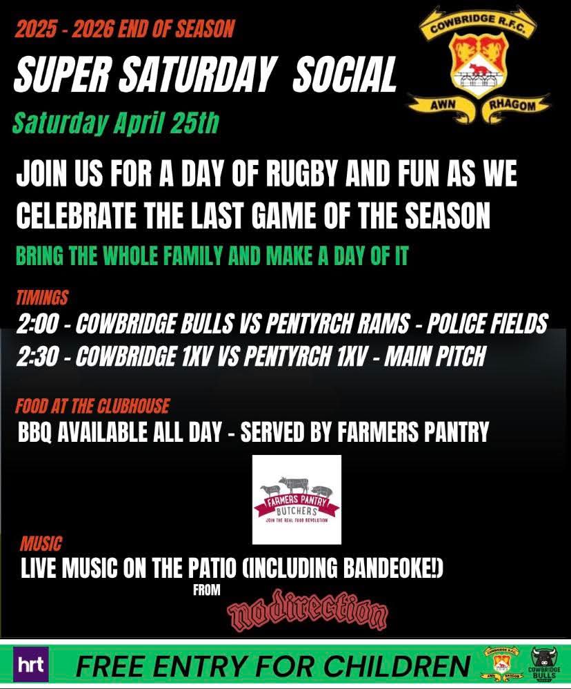 CowbridgeRFC's tweet photo. Super Saturday is upon us! The culmination of a thrilling season of very competitive rugby. Well done to all the lads who have entertained us royally 👏👏. So close again to the promotion spots, but a great showing non the less. One last chance to watch this great team today as we welcome @pentyrch_rfc to the Athletic Ground. Come and join in the fun and show your appreciation for all their efforts.