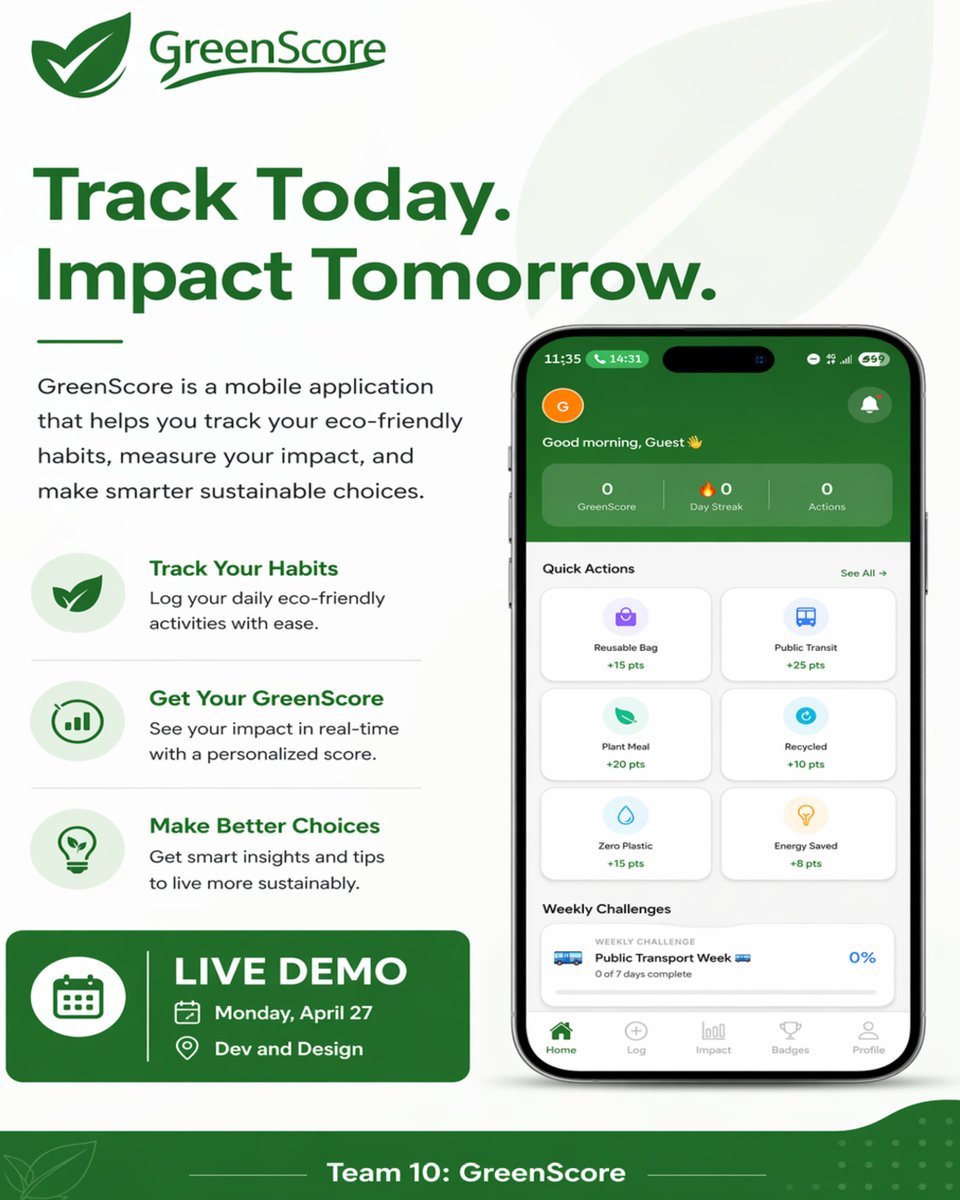 AngelaI866's tweet photo. People want to help the environment but don’t know how daily.
We built GreenScore to fix that.
Track habits. Measure impact.
Demo Monday 27th April, at @devanddesignhq
Team 10 : come support 🙌
@BillGates @elonmusk @TechCabal @Google
#GreenScore #Startups #GreenTech https://t.co/GiWpxqHd54