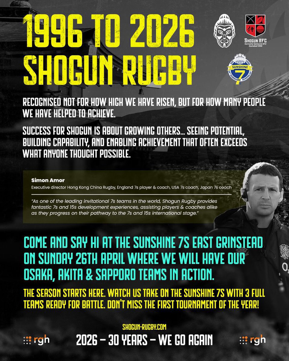 Shogunrugby's tweet image. 30 years in. Still building pathways, Still creating opportunities, 
Still Shogun Rugby. Not defined by how high we’ve risen, but by how many we’ve lifted.
The journey continues at Sunshine 7s 2026.
3 teams. One legacy.

#ShogunRugby #30Years #StillDelivering