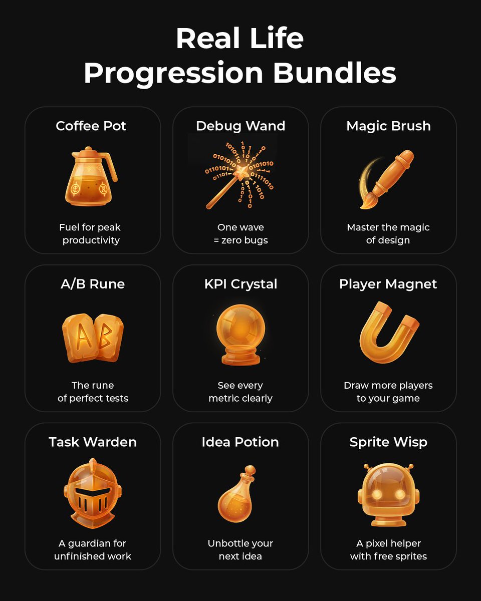 freeplaystudio's tweet photo. Press 🧡 to claim!
What if we had progression packs like in games, but in real life? Coffee boosts for energy, candy bundles for idea generation, and more! We decided to create gamedev packs that are guaranteed to be a hot pick! 🔥 https://t.co/WqcwPBarCZ