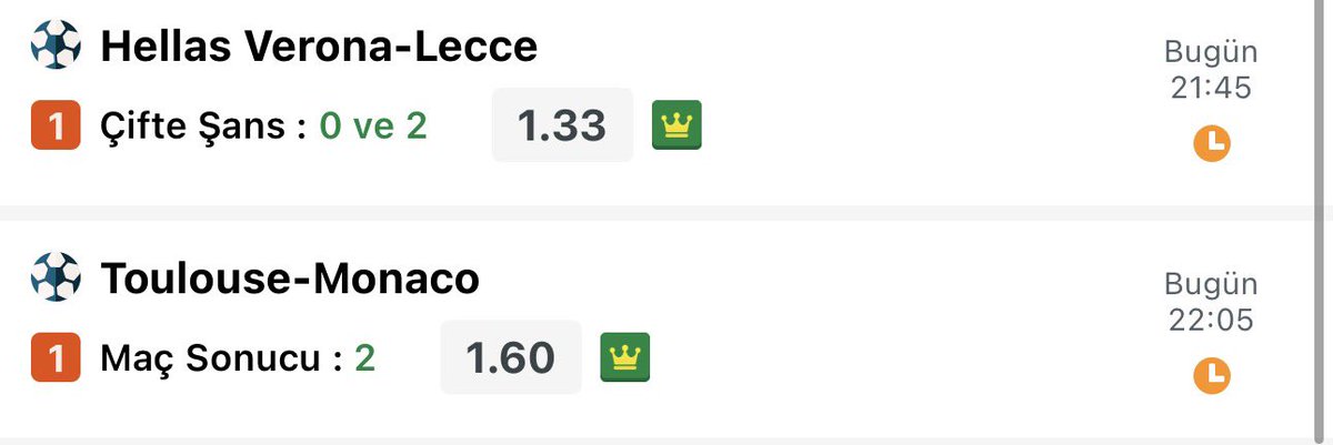 Pideci kuponu sevenlere özel 50 Oran 8 maç 🔥 ;

🏴󠁧󠁢󠁥󠁮󠁧󠁿 Liverpool - Cry | kg var 
🏴󠁧󠁢󠁥󠁮󠁧󠁿 Arsenal-Newcastle | kgvar
🇪🇸 Getafe-Barcelona | 10ç
🇮🇹 Parma - Pisa | ms 1
🇮🇹 Bologna -Roma  | kg var
🇮🇹 Hellas Verona - Lecce | ms 02ç
🇫🇷 Toulese - Monaco | ms2
🇩🇪 Augsburg - Frankfurt | kgvar

fav
