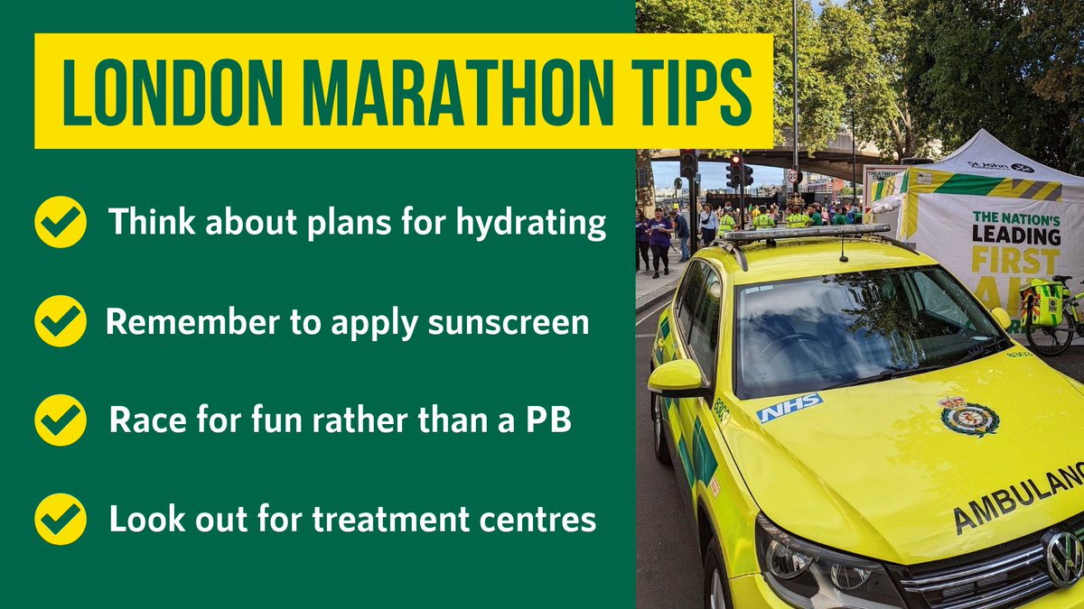 Ldn_Ambulance's tweet photo. All set for the #LondonMarathon? Best of luck to everyone taking part and enjoy it safely! 

We’ll have a range of resources deployed across the event to help keep runners, wheelchair athletes, spectators and the public safe. Look out for @stjohnambulance treatment centres too. https://t.co/2umpWfeEpW