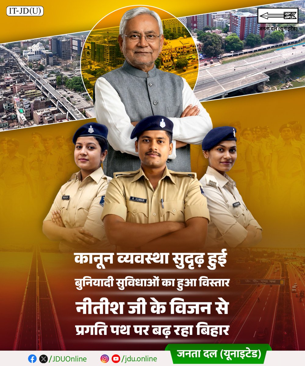 Jduonline's tweet image. माननीय नीतीश कुमार जी के विजन से बिहार प्रगति पथ पर निरंतर आगे बढ़ रहा है।
उनके नेतृत्व में विगत दो दशकों में बिहार की कानून-व्यवस्था सुदृढ़ हुई, बुनियादी सुविधाओं का विस्तार हुआ और इन कार्यों ने बिहार के विकास की मजबूत आधारशिला रखी।

@NitishKumar 

#DoDashakNavnirmanKe #Bihar