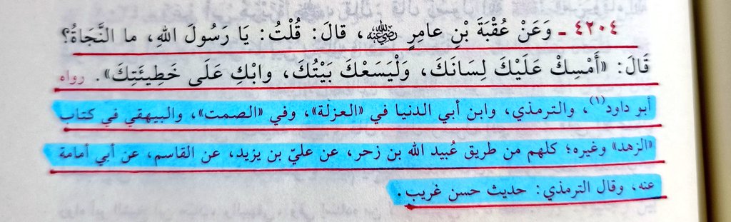 Ukbe b. Âmir'dan rivayet olunduğuna göre şöyle dedi:
"Ey Allah’ın Resûlü! Kurtuluş nedir?" diye sordum. 

Resûlullah Efendimiz: "Dilini tut, evin sana geniş gelsin (gereksiz yere dışarı çıkma ve evinde ibadetle meşgul ol) ve günahın için ağla." buyurdu.
