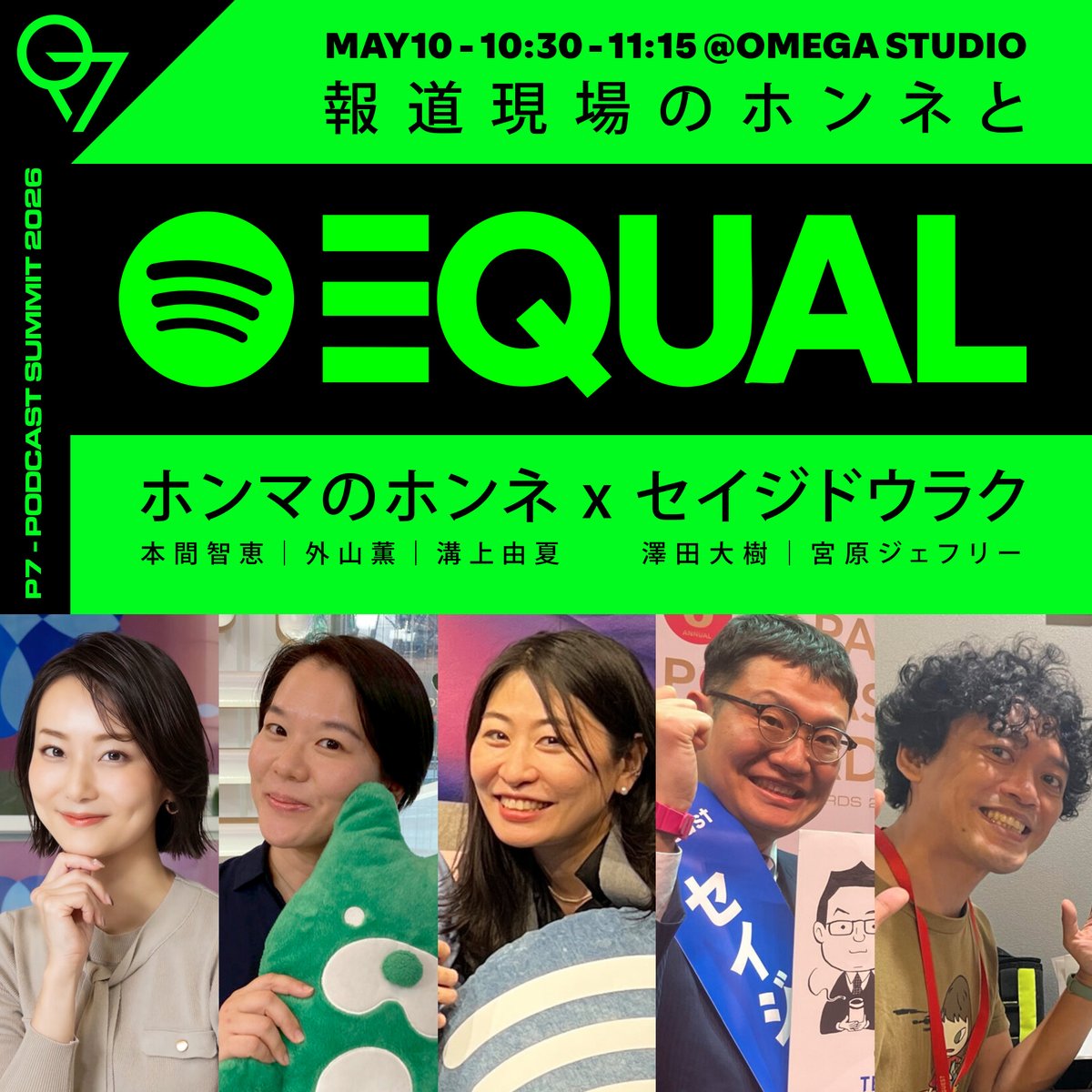 podcast_expo's tweet photo. ┏　　　　 　　　　　　　　┓
  ⚡️追加 (( SESSION )) 発表⚡️
┗　　　 　　　　　　　　　┛
ポッドキャストアワード "Spotify EQUAL賞" 受賞「#ホンマのホンネ」と人気PODCAST「#セイジドウラク」によるホンネのセッションが実現 !!!!!

───────────────────
[ 報道現場のホンネとEQUAL - Supported by Spotify ]
5/10 Sun｜OMEGA STUDIO｜10:30 - 11:15
▶️https://t.co/eRNvr48MEQ
───────────────────

報道の現場において、ホンネを語ることやEQUALはどのくらい達成されている？その渦中においてPODCASTの立ち位置はいかに？

出演：
#本間智恵／テレビ朝日アナウンサー
#外山薫／「ABEMA GLOBE」プロデューサー
#溝上由夏／ABEMA「わたしとニュース」プロデューサー
#澤田大樹／TBSラジオ記者
#宮原ジェフリー／選挙ライター・キュレーター

⚫️TICKET INFO ※今だけ10%OFF🎟️
https://t.co/UEWLgVcG3W
#PCEX2026｜#P7SUMMIT2026

＠spotifyjp, @chiehomma_ex, @kaoruroman, @_starvicino,   @nankuru_akabeko, @ichiro_jeffrey