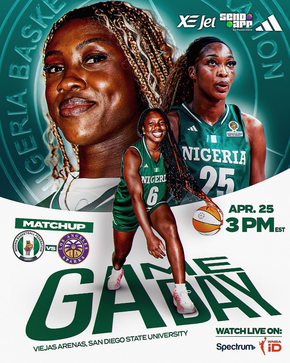 OfficialTNBball's tweet image. GAME DAY. 🇳🇬🏀
D’Tigress vs LA Sparks

📍Viejas Arena, San Diego State University
🕒 TODAY — Apr. 25 | 3PM EST
📺 Spectrum / Free with WNBA ID

It’s time. Let’s go Nigeria.

#dtigress #gameday #wnbapreseason