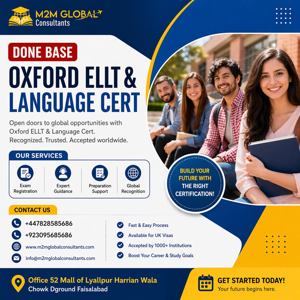 M2MGConsultants's tweet image. Master the Oxford ELLT with M2M Global Consultants! 🎓🇬🇧

Clear your English requirement with a 100% online test accepted by 80+ universities.
📍 Mall of Lyallpur, Faisalabad 📞 +92 309 5685686
#OxfordELLT #StudyInUK #M2MGlobal #Faisalabad #EnglishTest #VisaSuccess
