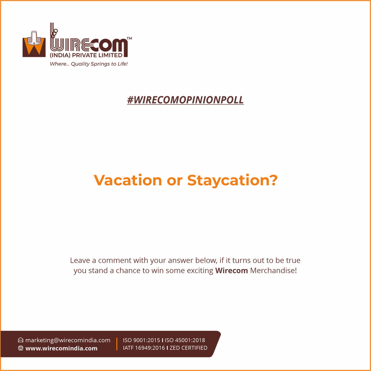WirecomIndia's tweet photo. Vacation or Staycation? We want to hear from you! Drop your choice in the comments below ⬇️ If your answer turns out to be true, you could win some exciting Wirecom merchandise.
#vacationorstaycation #polltime #opinionpoll #winwithwirecom #madeinindia #communityengagement https://t.co/76UhB5rkY7