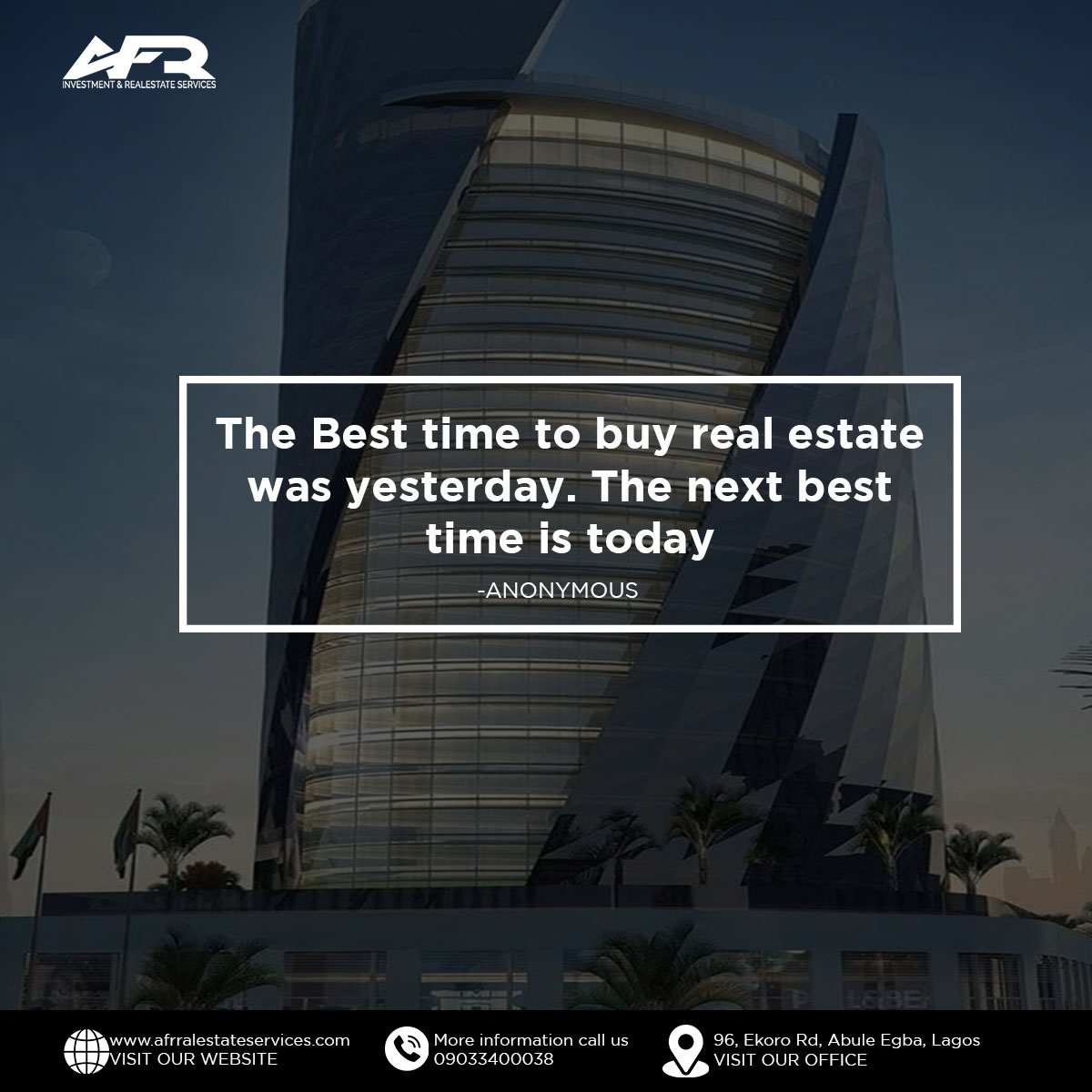 afrrealestate's tweet image. You may have missed yesterday’s opportunity, but today is still yours. Start your real estate journey now.

#realestateinvestment #propertyinvetment
