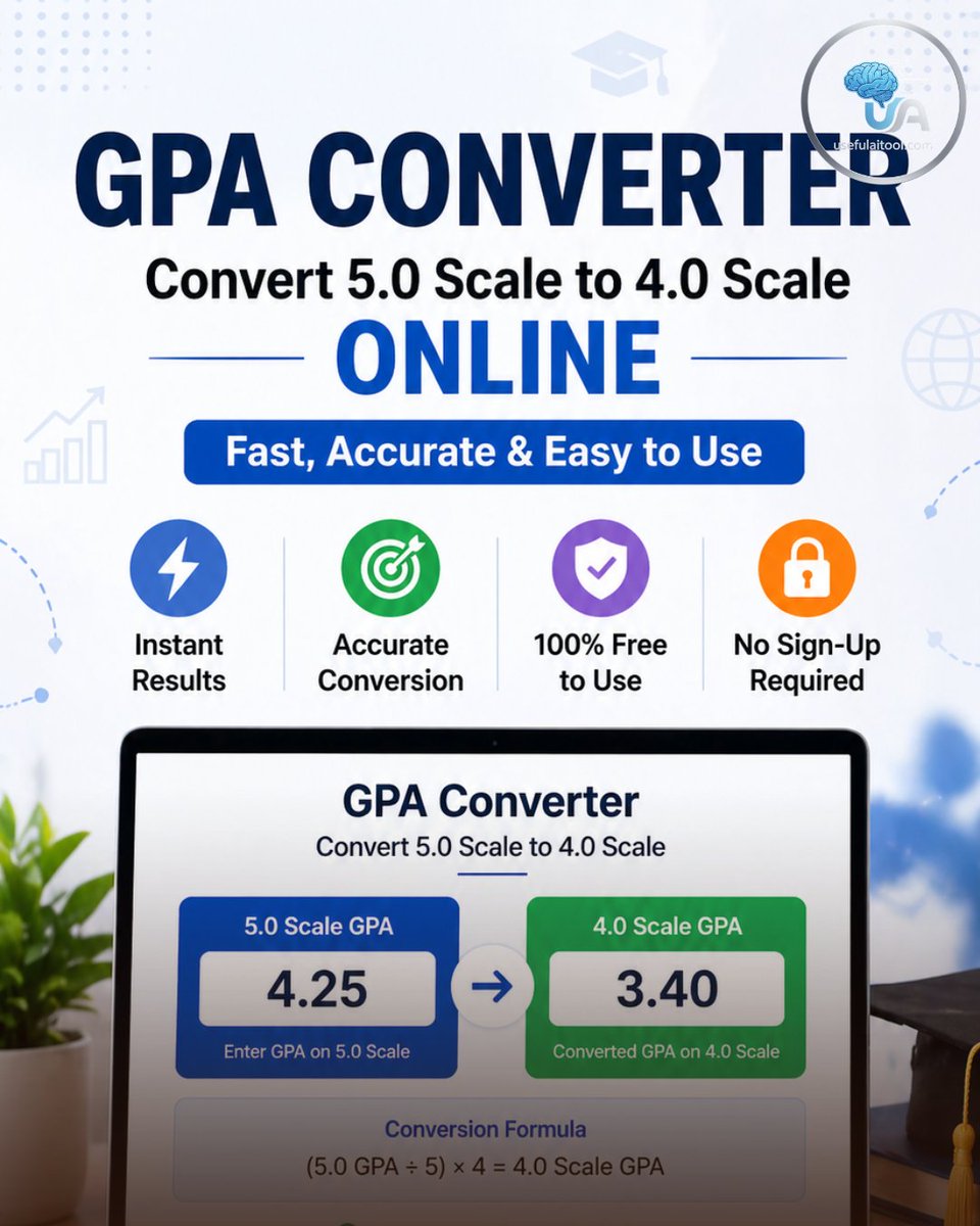 UsefullAitools's tweet photo. 🎓 Dreaming of studying in the US or Canada? ✈️

Most universities want your GPA on a 4.0 Scale, but yours is out of 5.0? Don't let the math stress you out! 🤯

Try it here: 👇 https://t.co/Tp9zNanGJ2

#GPA #Education https://t.co/XgTXr9BY23