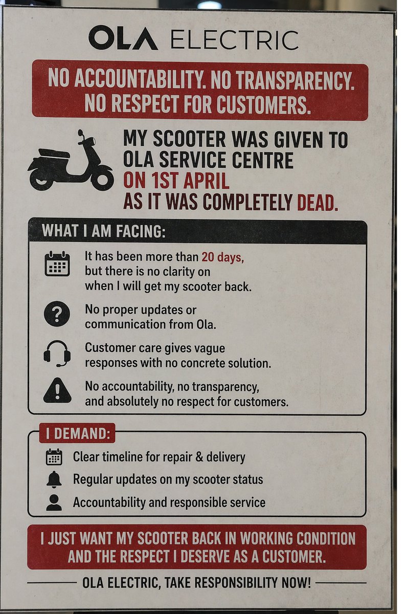 ga_rav_1202's tweet photo. My scooter has been lying at @OlaElectric service center since 1st April — no updates, no accountability.
Weeks of follow-ups, still no clear timeline. This is unacceptable service.
Need urgent resolution or I’m escalating this to consumer court.
#OlaElectric #CustomerExperience https://t.co/xco5cRYGFe