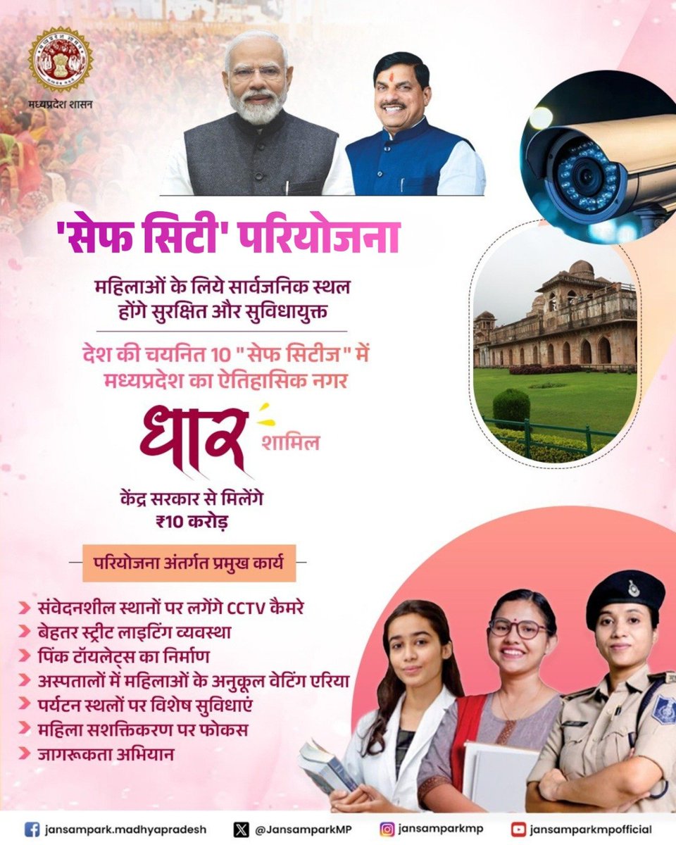 JansamparkMP's tweet photo. 'सेफ सिटी' परियोजना
☑️देश की चयनित 10 "सेफ सिटीज" में मध्यप्रदेश का ऐतिहासिक नगर 📍धार शामिल
@DrMohanYadav51
@mp_wcdmp @mohdept
#JansamparkMP #SafeCityProject https://t.co/1pl67WxBVK