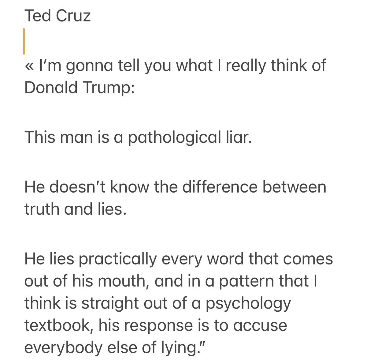 madameshawshank's tweet image. #TedCruz: I'm gonna tell you what I really think of #DonaldTrump:
This man is a pathological liar.
He doesn't know the difference between truth &amp;amp; lies.
He lies practically every word that comes out of his mouth,&amp;amp; in a pattern that I think is straight out of a psychology textbook.