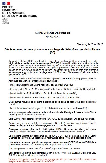 Image de Préfecture maritime Manche et mer du Nord - #Opération Décès de 2 plaisanciers au large de Saint-Georges de la Rivière (50) dans la soirée du ve