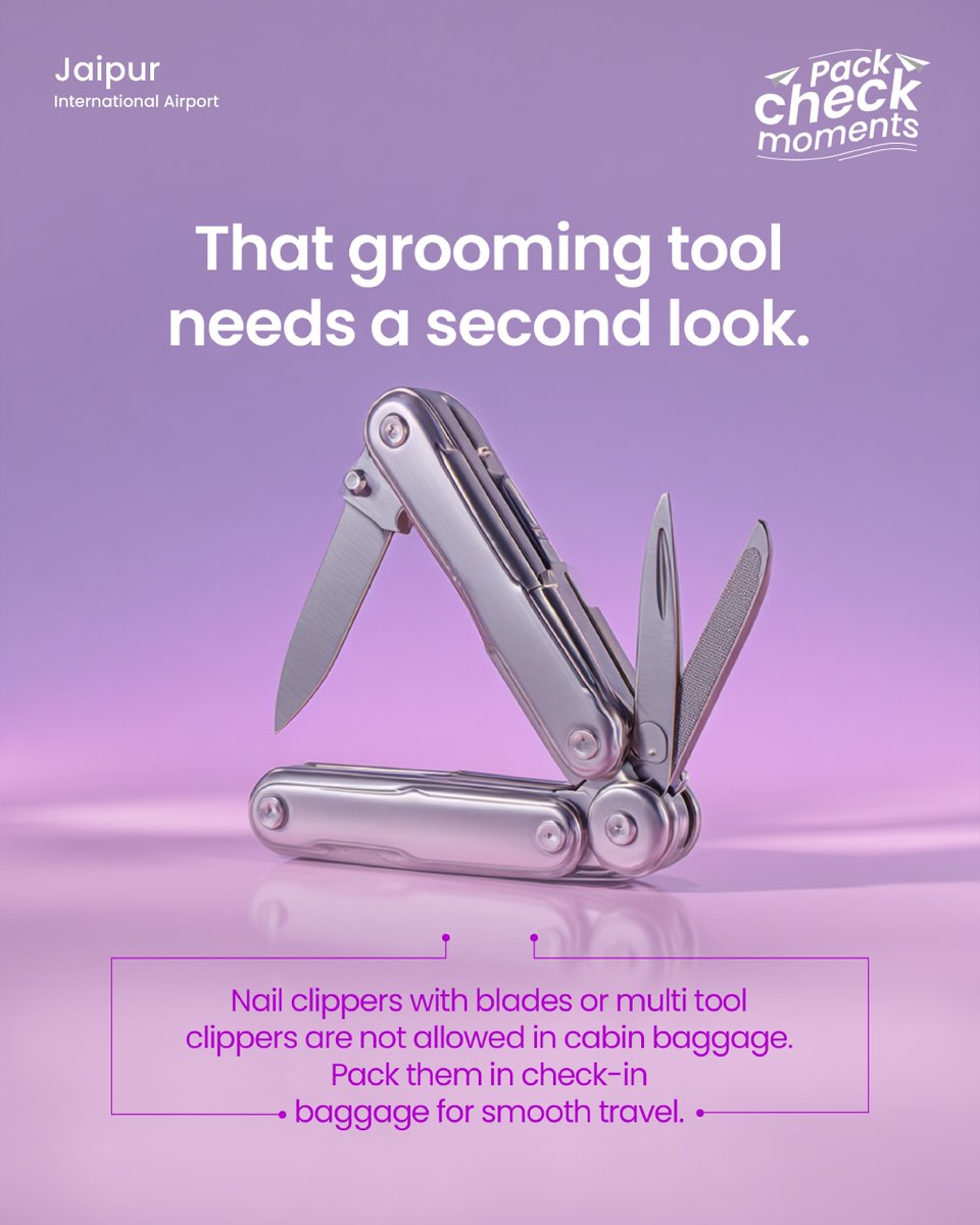 Jaipur_Airport's tweet image. A quick check of your grooming tools can save you time at security.
Ensure everything is packed correctly for a hassle-free journey.

 #JaipurInternationalAirport #PackCheckMoments #TravelSmart #RestrictedItems