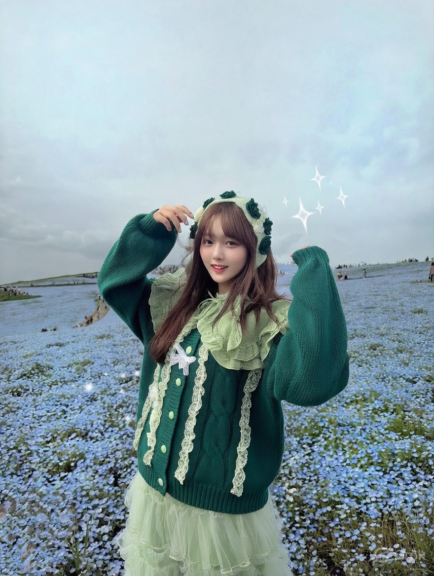 FunwithRicky_ @ami_o_o_suzuki Done! Light green dress, dark green sweater  with light green buttons, light green headgear + dark green flowers.
