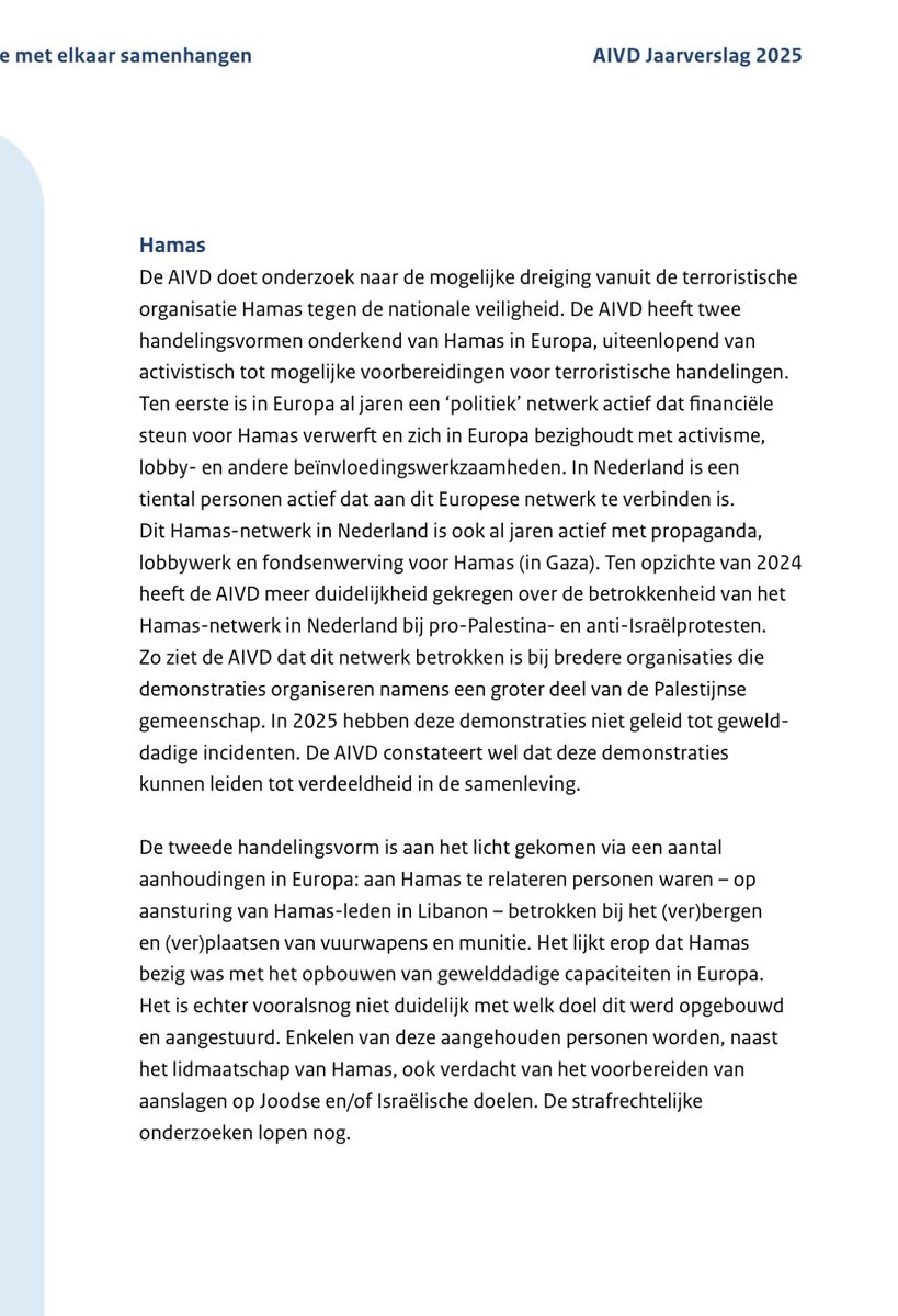 RonnyNaftaniel's tweet image. #AIVD zegt in zijn rapport 2025 meer duidelijkheid te hebben gekregen over de rol vh #Hamas-netwerk bij pro-Palestina en anti-Israël­ protesten.
“Dit netwerk is betrokken is bij bredere organisaties die demonstraties organiseren namens een groter deel vd Palestijnse gemeenschap”
