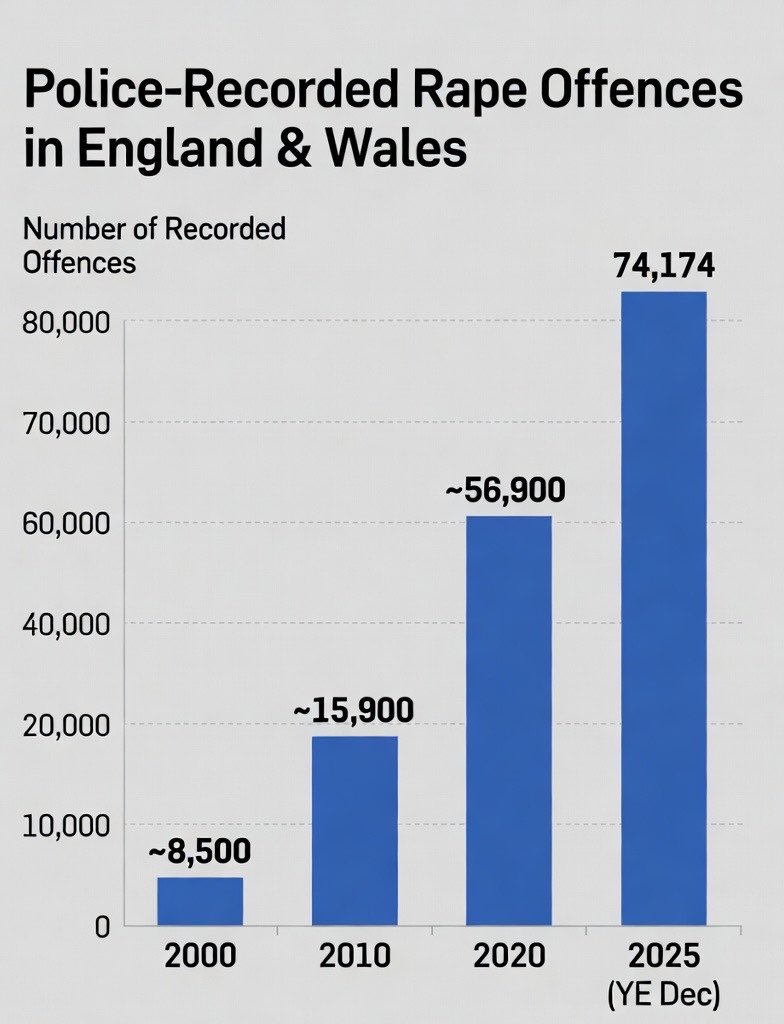 Shocking Rise in Recorded Rapes in England &amp; Wales

From ~8,500 police-recorded rape offences in the year 2000 to 74,174 in the year ending December 2025.

That’s an increase of over 770% in recorded cases.

Rape remains one of the most under-reported crimes. 

What is going on?