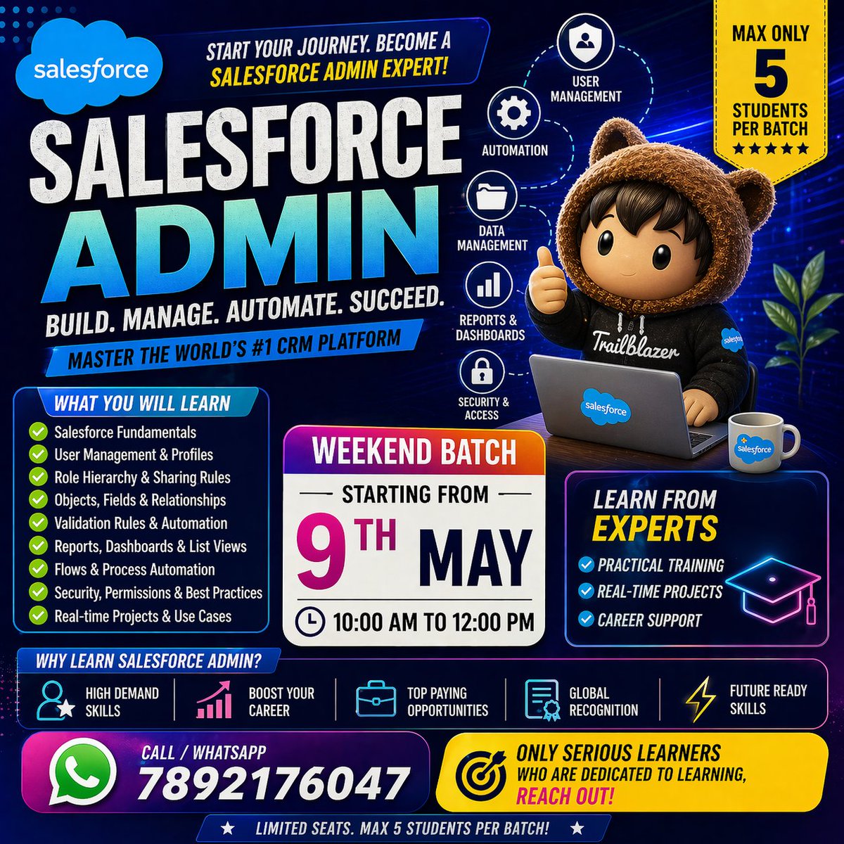LearnFrmExperts's tweet image. 🚀 Weekend Batch Open!

Master #Salesforce #SalesforceAdmin

✔ User Management
✔ Automation
✔ Reports &amp;amp; Dashboards
✔ Real-time Projects
📅 9 May | ⏰ 10AM–12PM
⚠️ Limited seats
📲 7892176047

#TechCareers #Upskill #CareerGrowth
