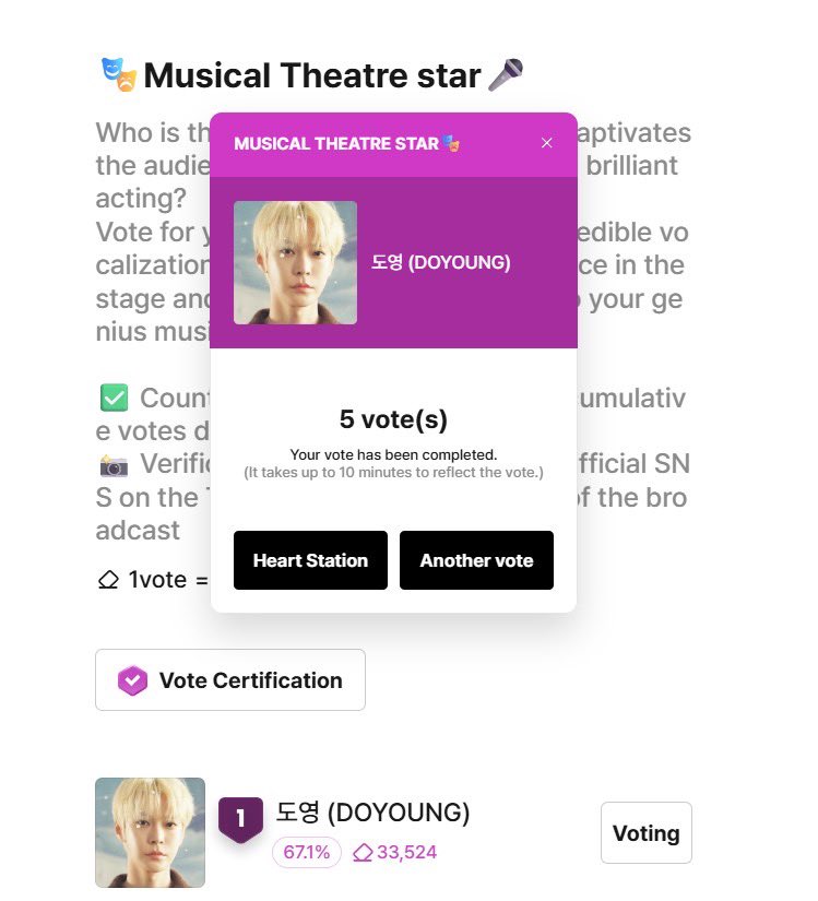 จอ สระ อึ้ง 3หมื่นกว่าโหวตแล้ว🤩🤩 โดปุเก่งมาก ใครยังไม่โหวตมาได้เลยค่า ตอนนี้มี #โหวตโดยอง อยู่น้า เห็นหน้าพี่(น้อง)ทหารเมื่อวานแล้วมีแรงโหวตจำนวนมาก5555555

🍀 หัวข้อ  Musical Theatre Star 
favorite.bugs.co.kr/3843

โหวตง่าย ๆ มีเพื่อน ๆ แจกไอดีเหมือนเดิม มา #votefordoyoung