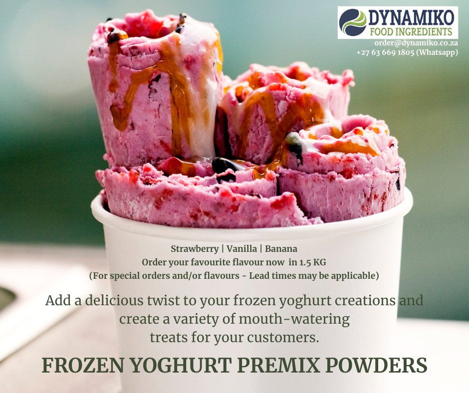 DynamikoFoodIng's tweet image. "Craving a sweet treat? 🍦 

Try our delicious frozen yoghurt powder for a guilt-free dessert option! 

Contact us today on 063-669-1805 for technical support and formula assistance. 

#frozenyoghurt #sweettreat #guiltfree #yum"