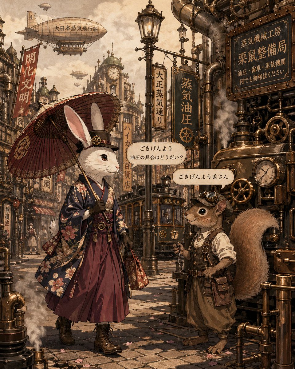 kNfRi1fynQUU3lw's tweet image. 大正レトロ
スチームパンクの
街角で
ごきげんよう
油圧の具合はどうだですか？

ごきげんよう
と栗鼠さん

#ChatGPT #AIart