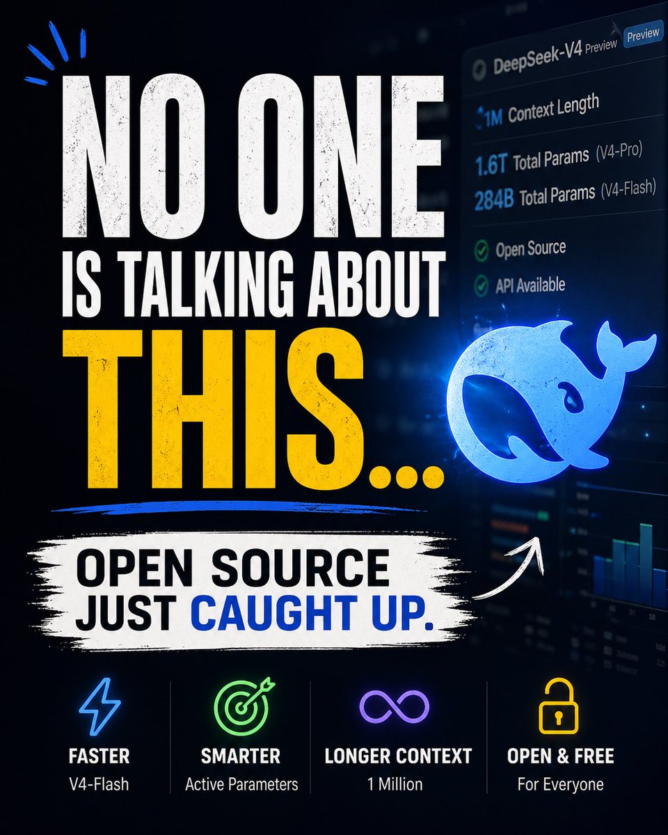 twitteWithSonu's tweet photo. 🚀 1 Million Context… Open Source… And Cheaper? This Changes Everything.

I was scrolling casually when something caught my attention — and honestly, it feels like a shift, not just an update.

DeepSeek just dropped its V4 Preview… and it’s not playing small.

Here’s what stood out to me 👇

We’re now looking at 1M context length becoming practical and cost-effective.That’s not just a number — that’s the ability to process entire documents, codebases, or conversations in one go without constant chunking hacks.

Then comes the architecture:

🔹 V4-Pro1.6T total parameters, but only ~49B active at a time→ That means smarter compute usage, not brute force

🔹 V4-Flash284B total, ~13B active→ Built for speed + cost efficiency

This “active parameters” approach is the real story.Instead of lighting up the whole model every time, it selectively uses parts of it.

Think of it like this:Not calling the entire company into every meeting… just the experts needed.

And the bold part?They’re claiming performance close to top closed-source models — while being open.

💡 What this made me think:

We might be entering a phase where:

Open models are no longer “weaker alternatives”

Cost vs performance tradeoff is getting blurred

Context size becomes a competitive edge (not just benchmarks)

But here’s the real question I’m asking myself:

👉 If long context + efficient routing becomes standard…Do current RAG pipelines and chunking strategies even survive in the same form?

#deepseek #V4Pro1