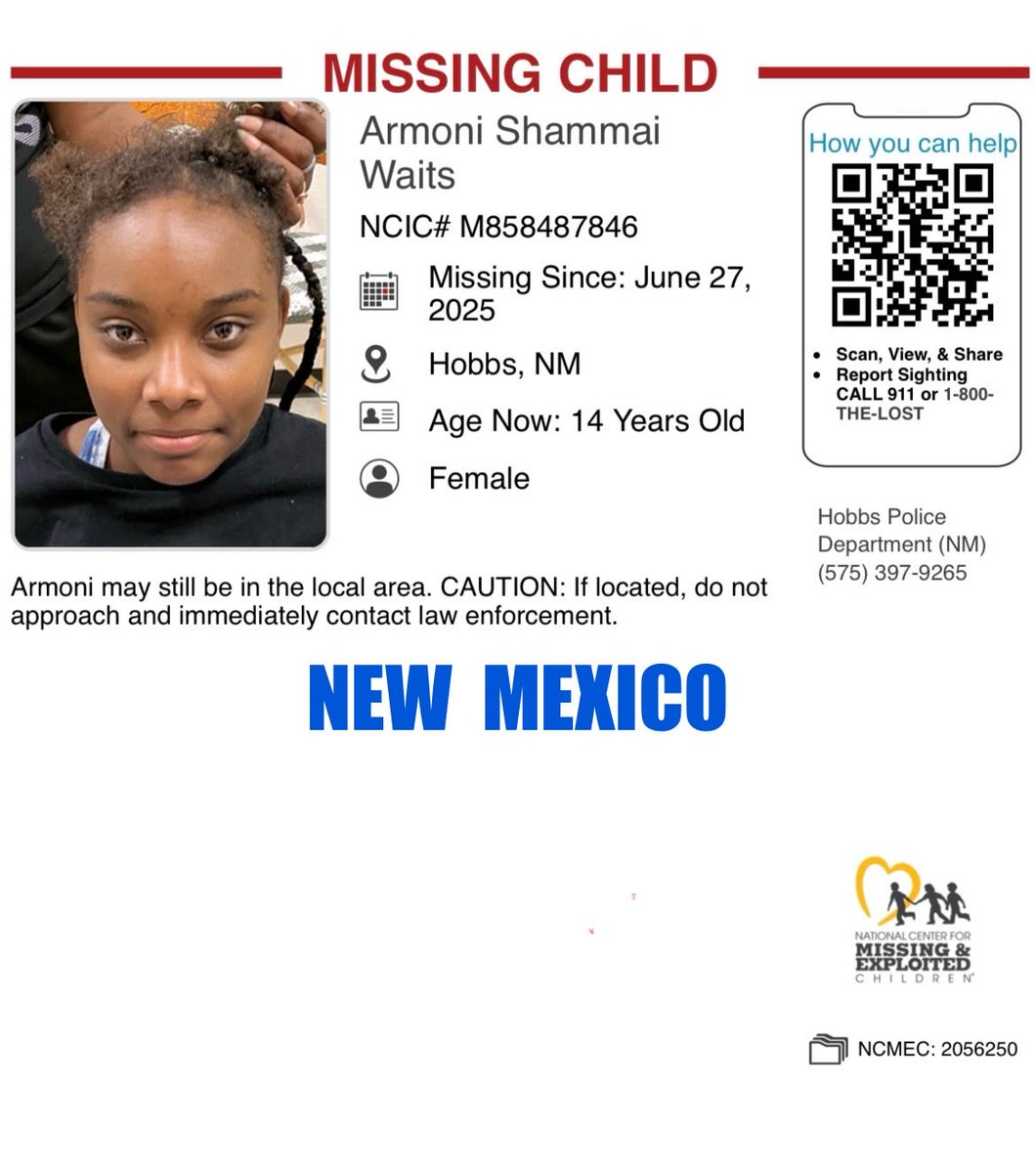 Ohio1ShyGirl's tweet image. #NewMexico   #MissingChild ‼️Please Share‼️  #MissingPerson  #MissingPeople  ☎️Hobbs Police Department (NM) (575) 397-9265   missingkids.org/poster/NCMC/20…