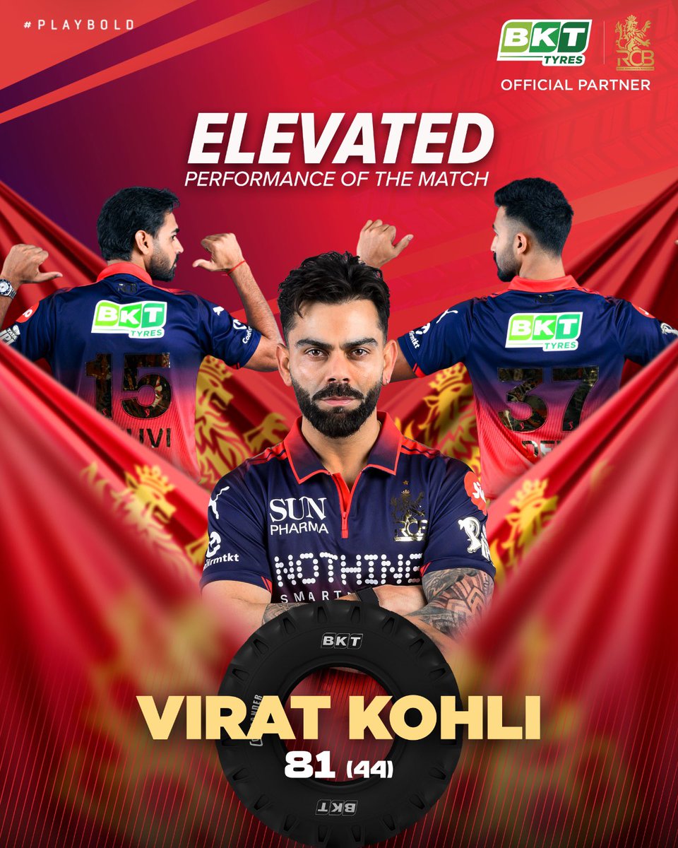 RCBTweets's tweet image. Give him a chase… he’ll make it look easy. 🫡🔥

Virat Kohli’s chase masterclass that made the win look effortless, with 8️⃣1️⃣ runs at a strike rate of 1️⃣8️⃣4️⃣ including 1️⃣2️⃣ boundaries, is our BKT Tyres Elevated Performance of the Match. 🚜

#PlayBold #ನಮ್ಮRCB #IPL2026 @BKTtires
