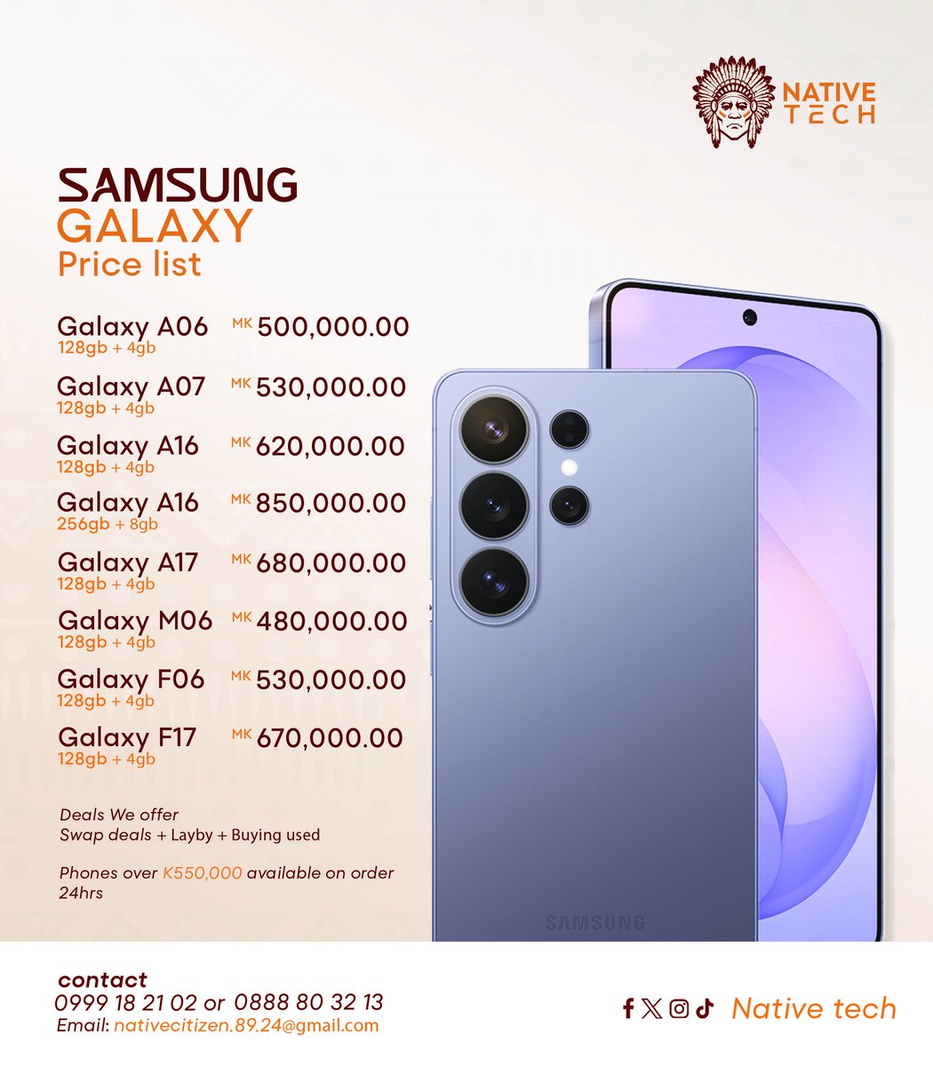 CALVINz_3rd's tweet photo. Samsung Galaxy Deals 
New pricelist is out  don’t miss out on affordable smartphones going fast. Tag someone who needs a new phone

#lilongwe🇲🇼 #malawibusiness #blantyre #nativetech #electronics https://t.co/SRiZlruPIR