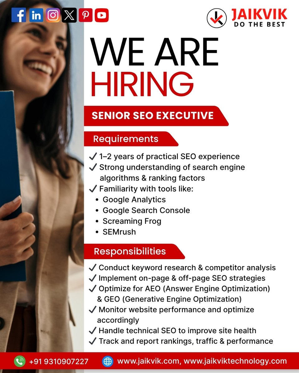 jaikvik's tweet photo. Ready to grow your career in SEO? 
Join our dynamic team and work on exciting projects with real impact!

💼Role: Senior SEO Executive
📍Be part of a fast-growing digital team
 What we’re looking for:
✔Passion for SEO, AEO &amp; GEO strategies
✔Strong analytical &amp; technical skill https://t.co/fQuj0prVNZ